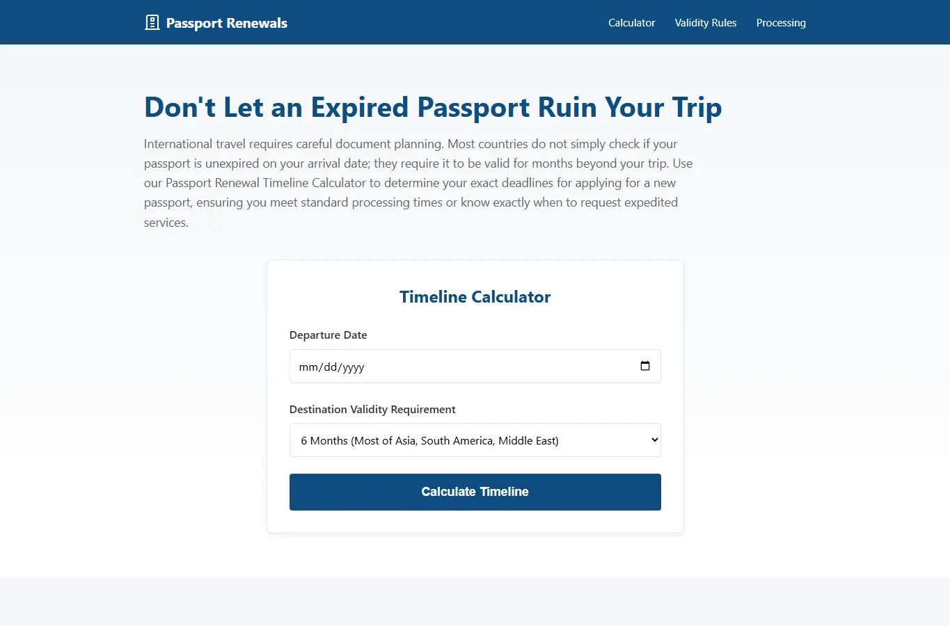 Screenshot of Passport Renewal Timeline Calculator interface showing the project page in use